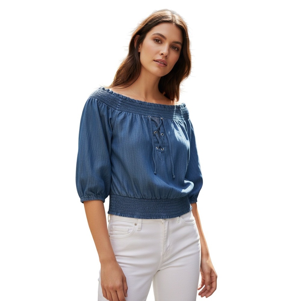 Bebe Y2K Blue Chambray Off Shoulder Lace Up Smocked Top S Small NWOT Boho Denim